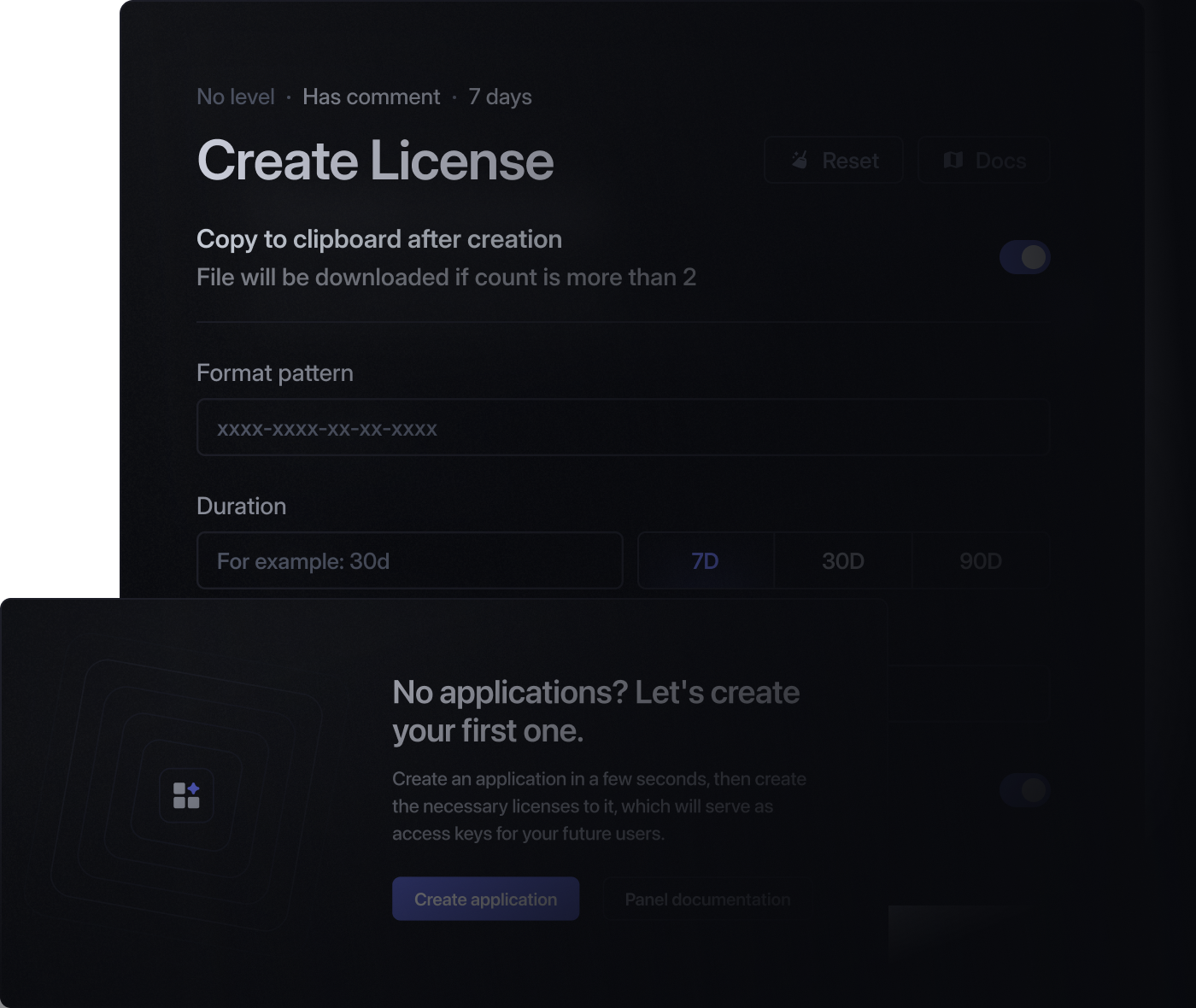 Blazeauth interface for creating and managing software licenses