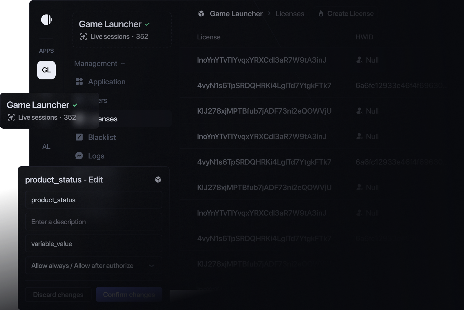 Blazeauth dashboard with licensing controls and metrics
