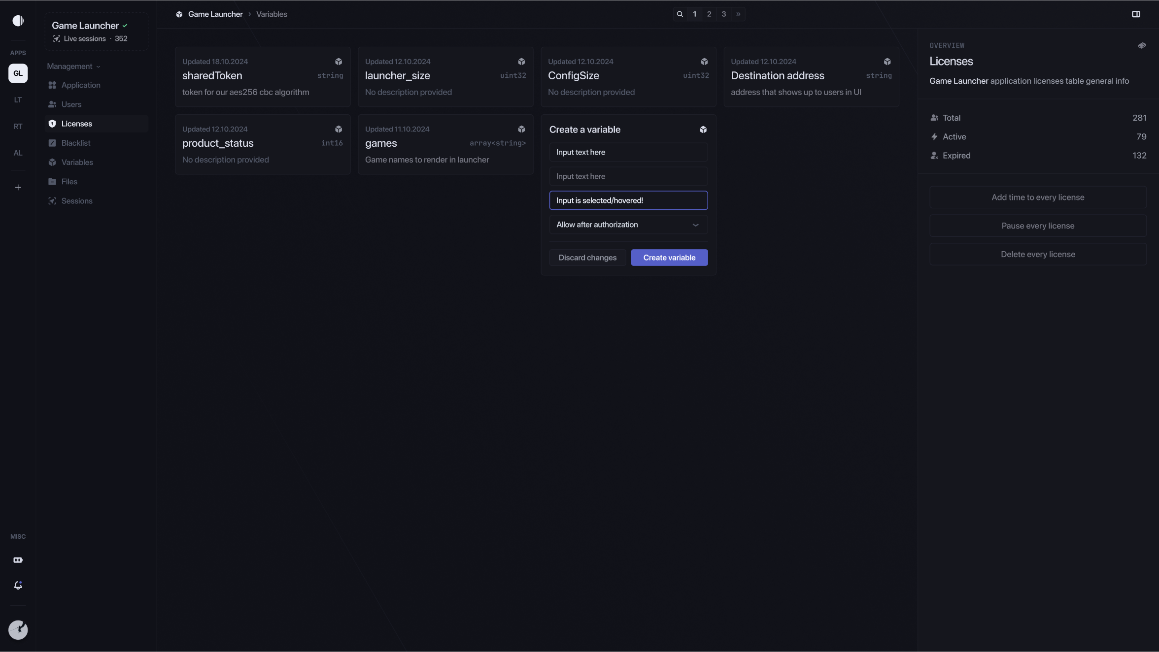 Blazeauth dashboard screenshot with remote variables management