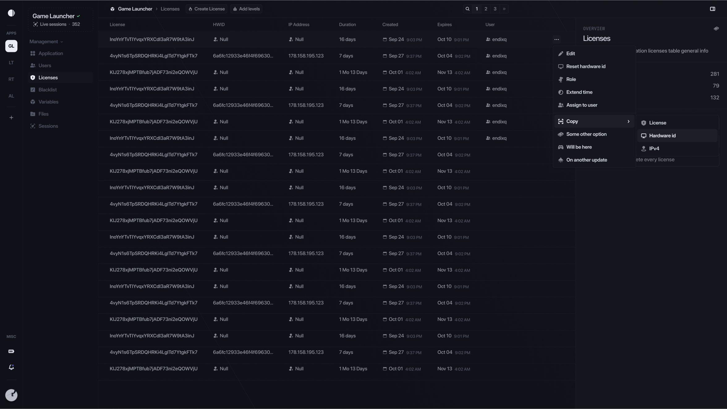 Blazeauth dashboard screenshot with software license management